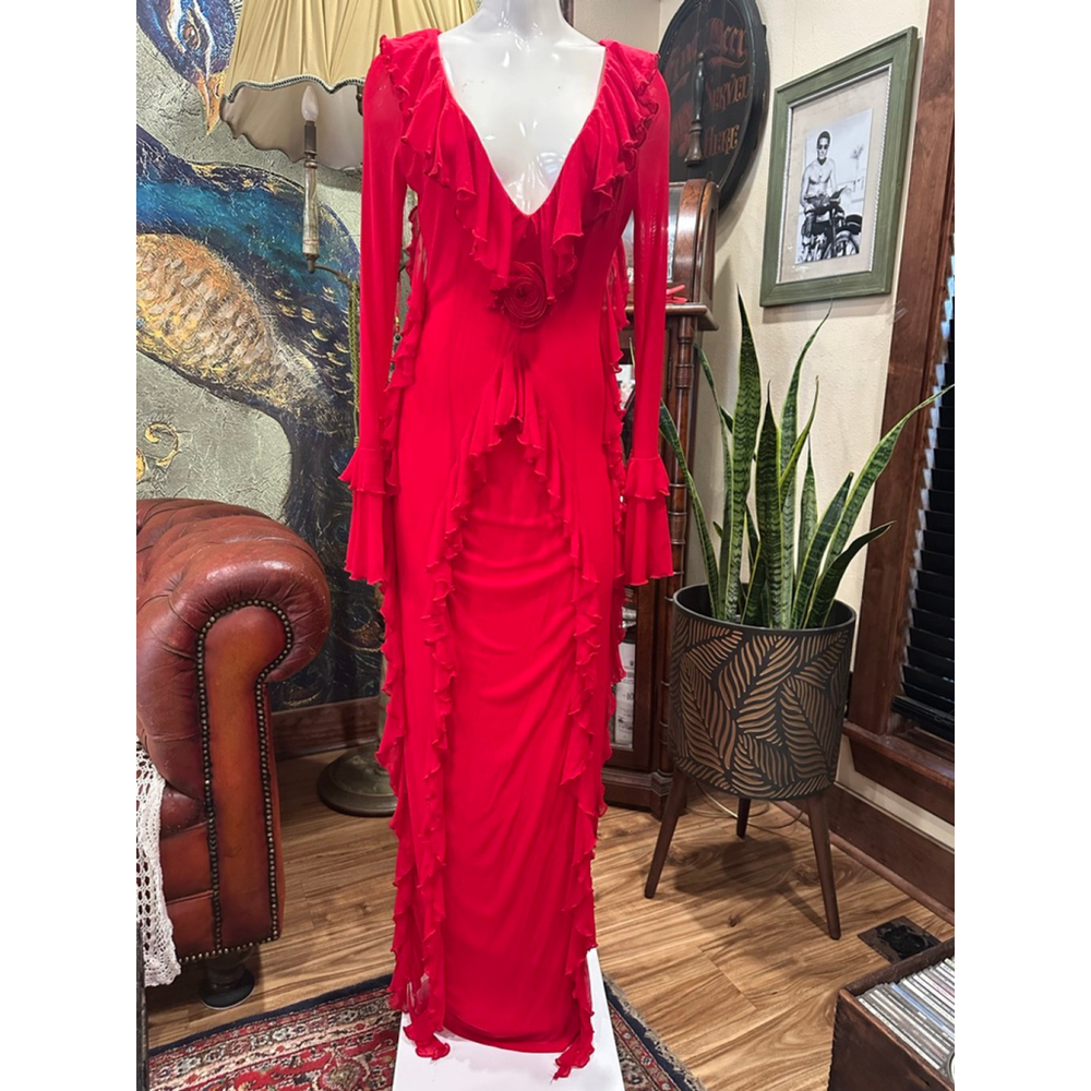 SHEIN Red Ruffle Long Sleeve Mesh Maxi Dress Size 6 - Picture 4 of 16